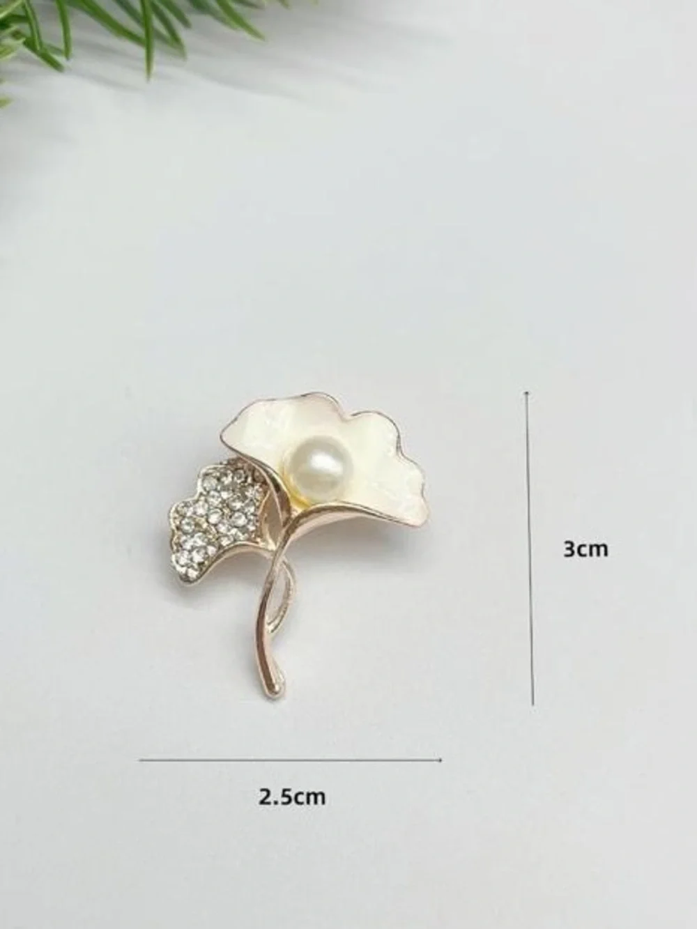 Anthropologie Gold and White Pearl Leaf Brooch with Crystals